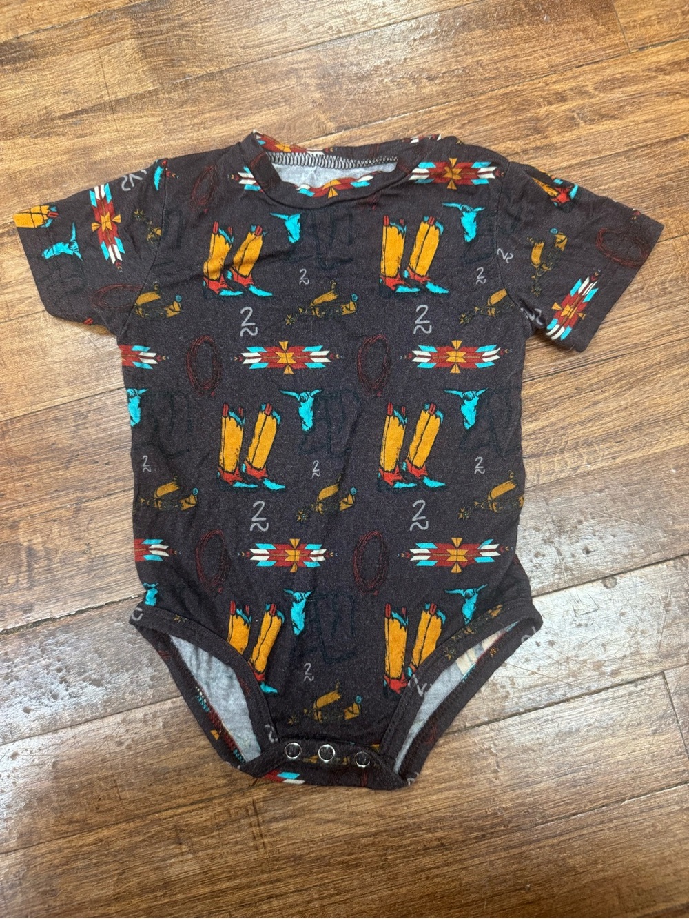 Toddler Short-Sleeve Bodysuit in Dark Brown with Southwestern Motif